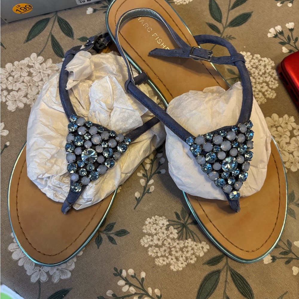 Marc Fisher Blue Rhinestone Suede Sandals. New condition in Box. Size 10 Medium.